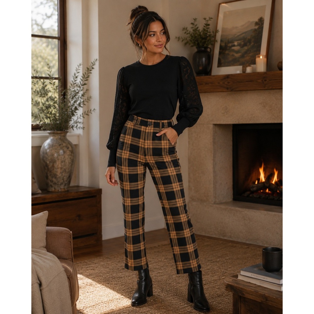 Collusion Trousers Womens 2 Petite Orange Plaid‎ Dark Academia Preppy Grunge
